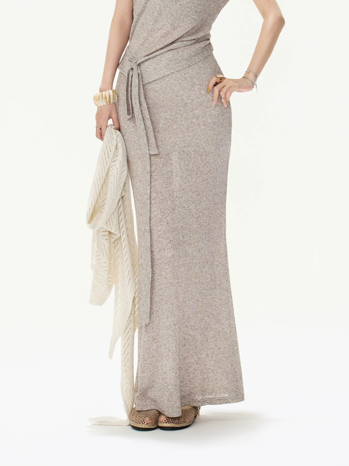Gray Tie-Waist Knit Top &amp; Skirt Set