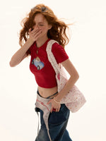 Cat Print Backless Red Crop Tee