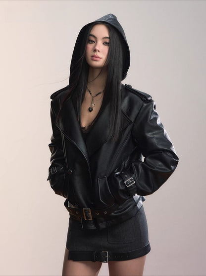 Black Heavy Duty Hooded Leather Jacket
