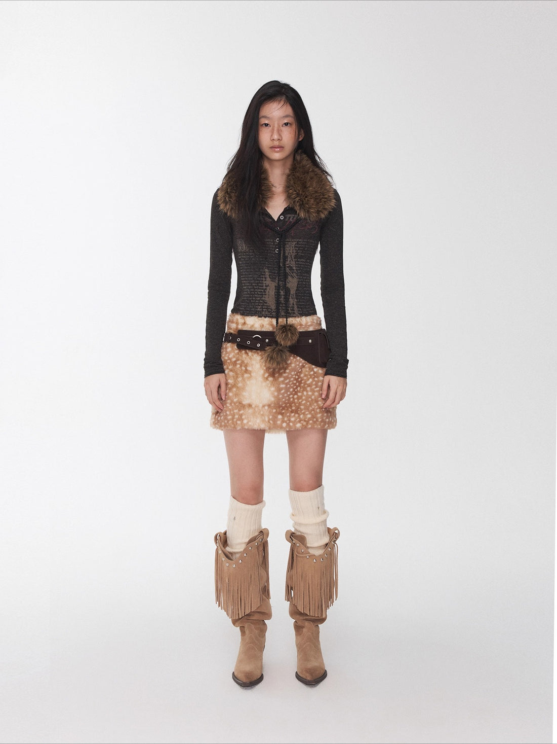 Vintage Deer Print Faux Fur Skirt