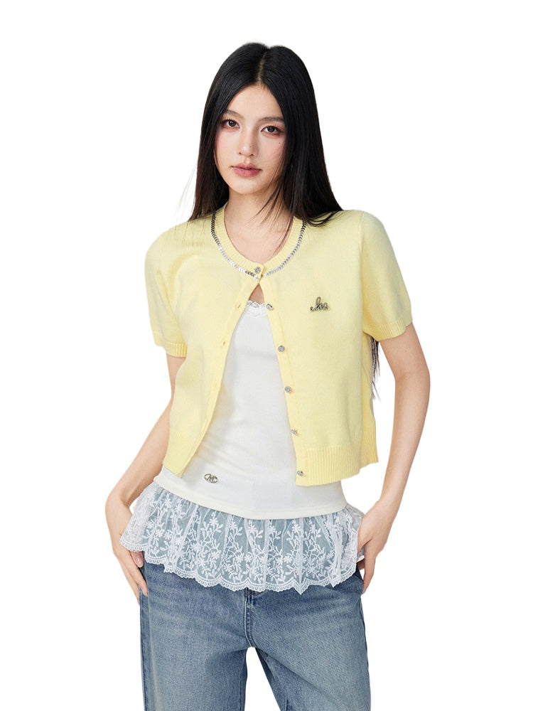 Rhinestone Button Knitted Short-Sleeve Cardigan