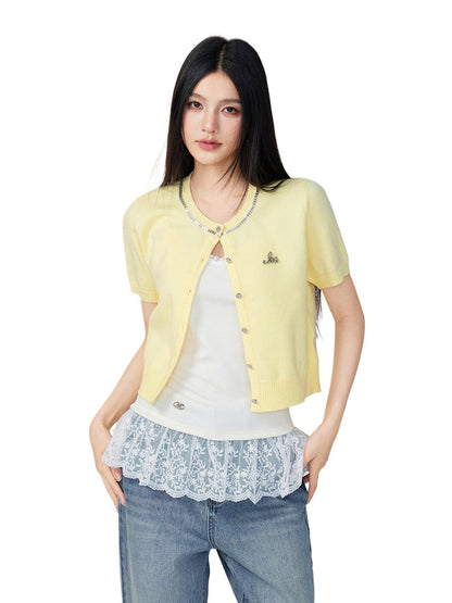 Rhinestone Button Knitted Short-Sleeve Cardigan