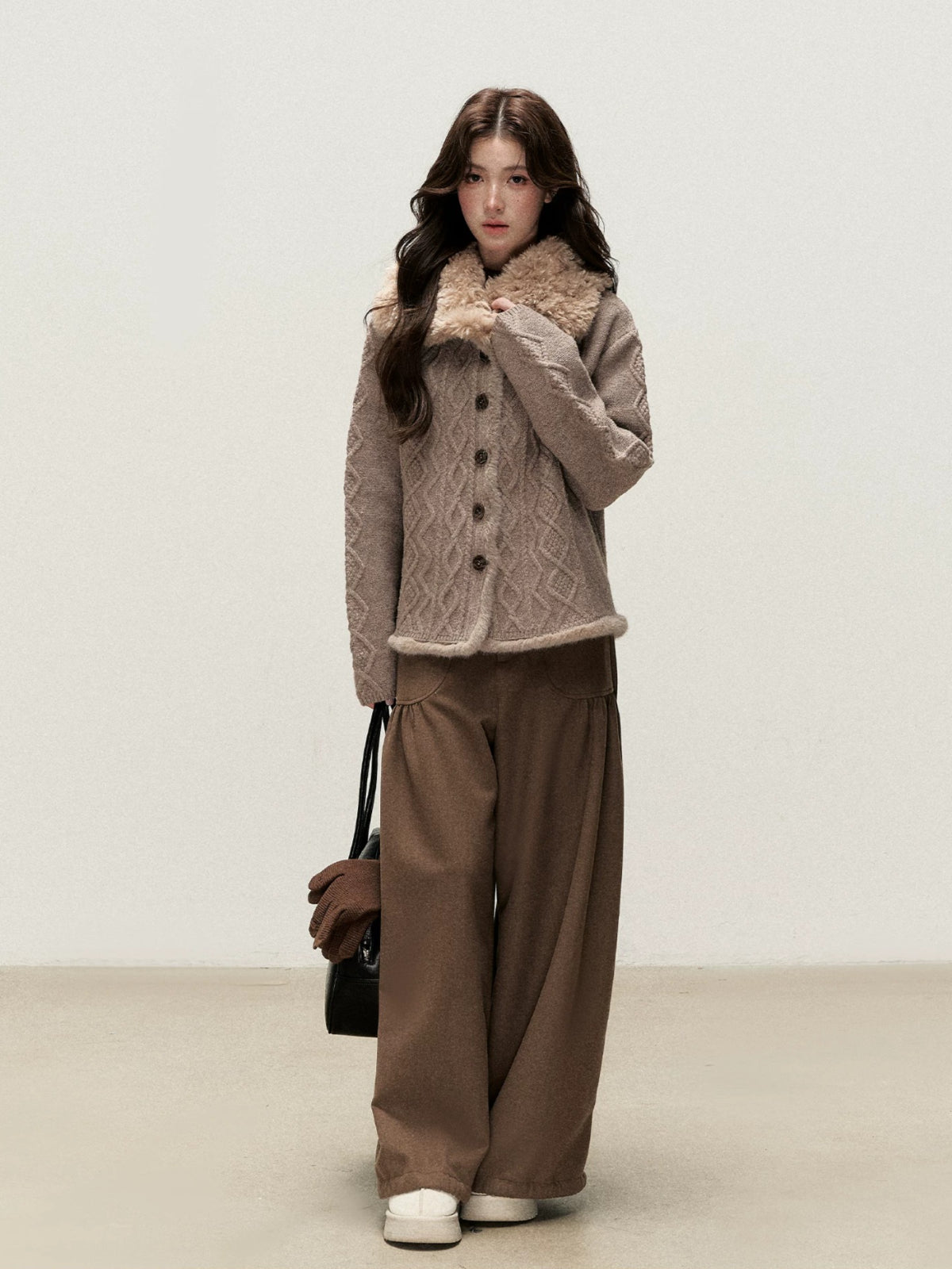 Faux Fur Collar Cable Knit Cardigan