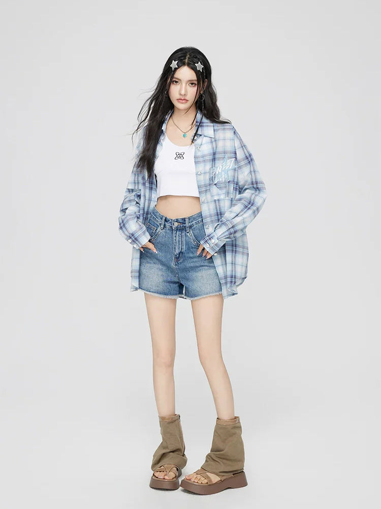 Blue Plaid Embroidered Sunscreen Shirt