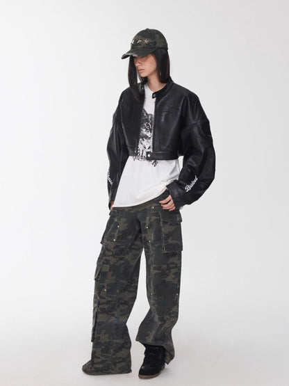 Letter Print Structured Cropped Moto Leather Jacket