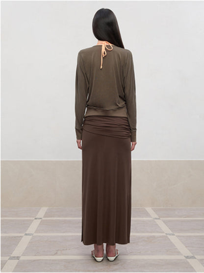 Lyocell Pleated Mid-Low Waist Midi Skirt