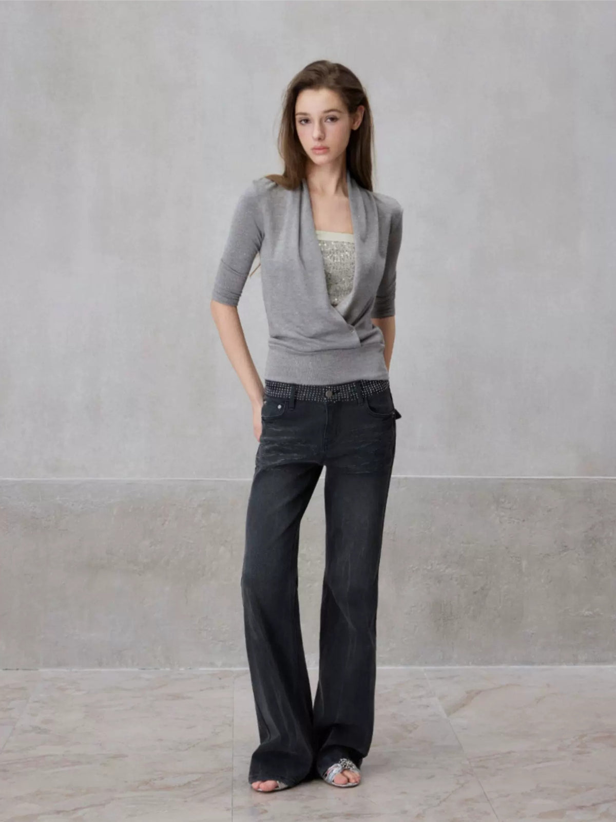 Silver Sequin Draped Top