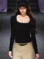 Ribbon Trim Square-Neck Knit Crewneck