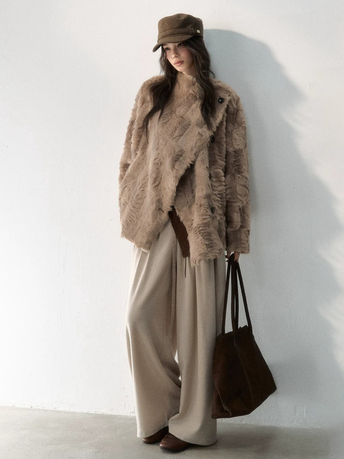 Asymmetric Collar Faux Fur Coat