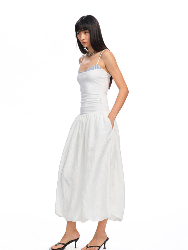 Color - Block Splicing Strappy Puff Dress