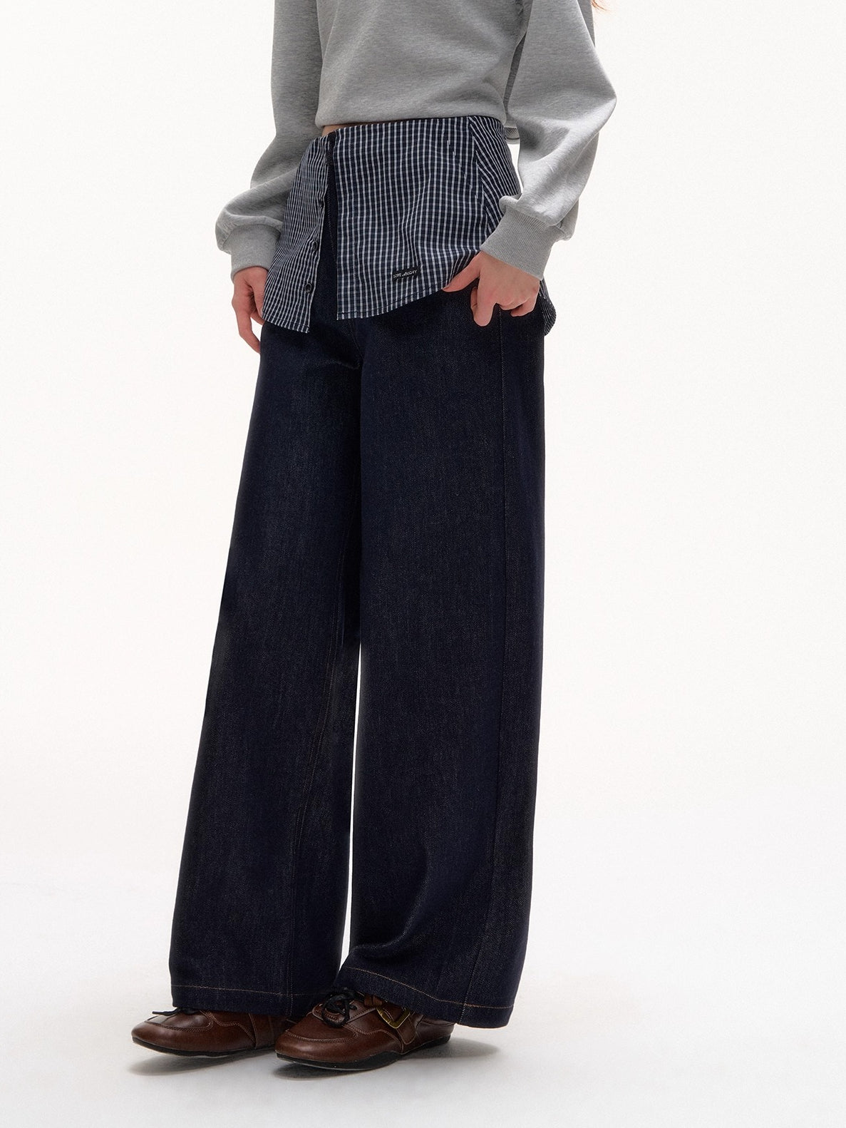 Plaid Patchwork Faux Two-Piece Straight-Leg Jeans