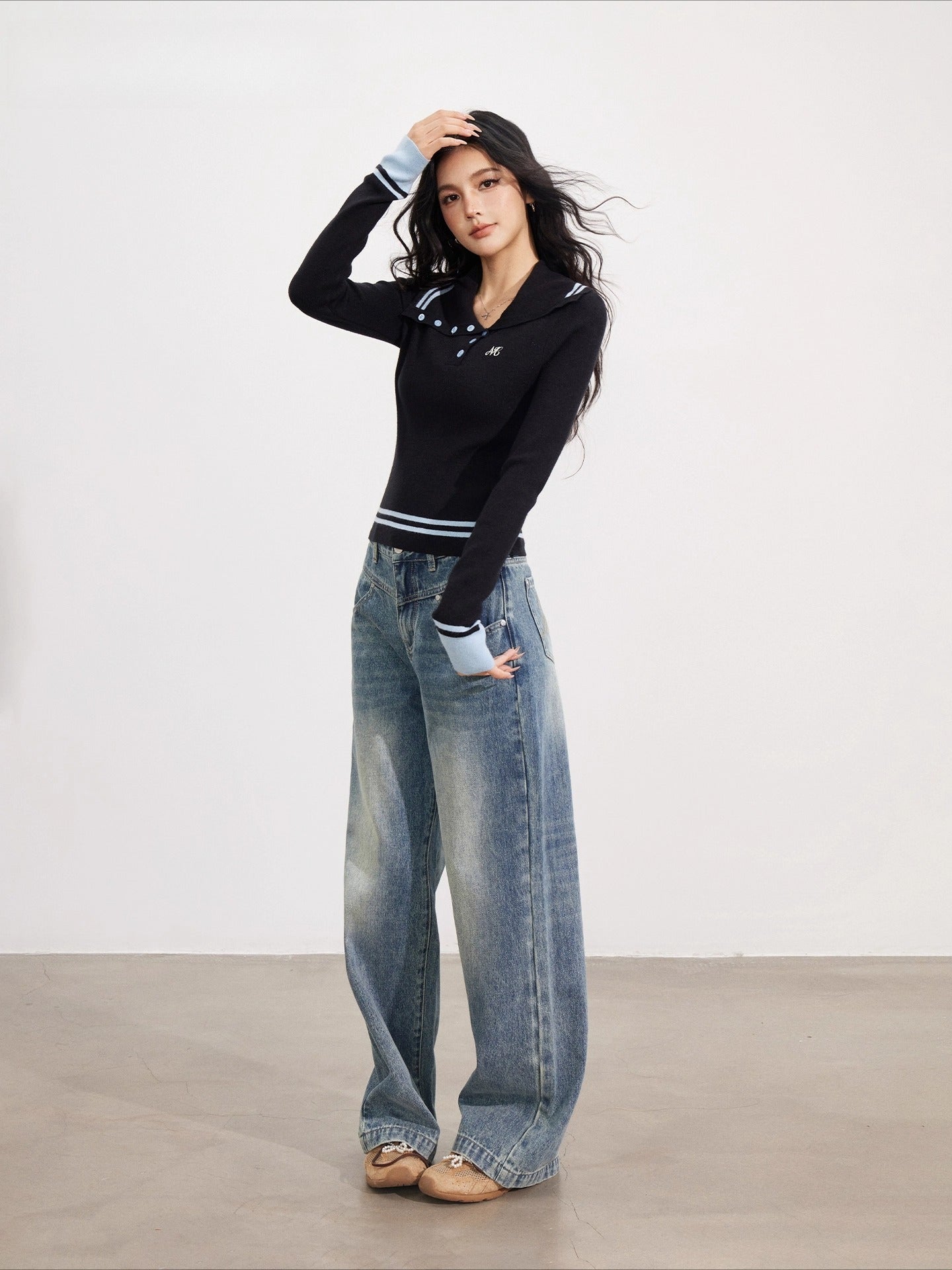 Black Asymmetric Colorblock Button-up Sweater