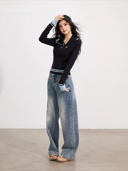 Black Asymmetric Colorblock Button-up Sweater