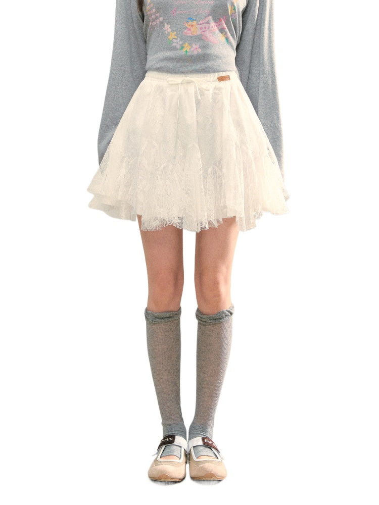High-Waist Lace Tie Puff Skirt