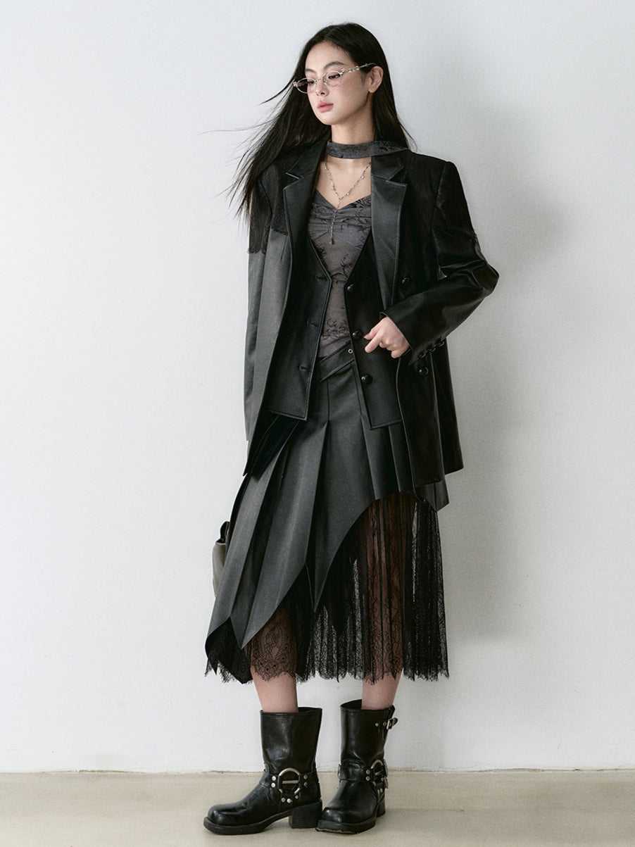 Coffee &amp; Black Lace-paneled PU Leather Skirt