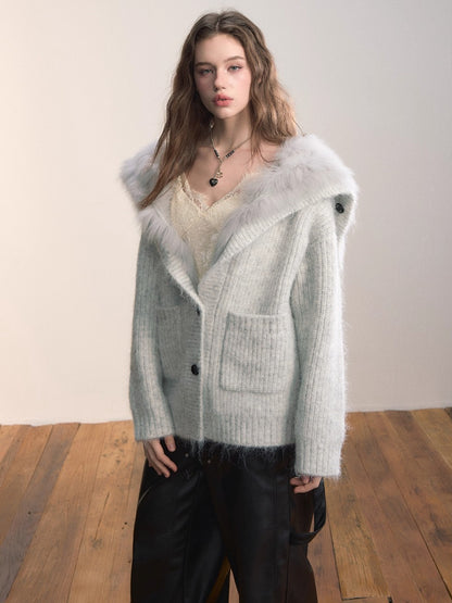 Fox Fur Large Notch Collar Cardigan