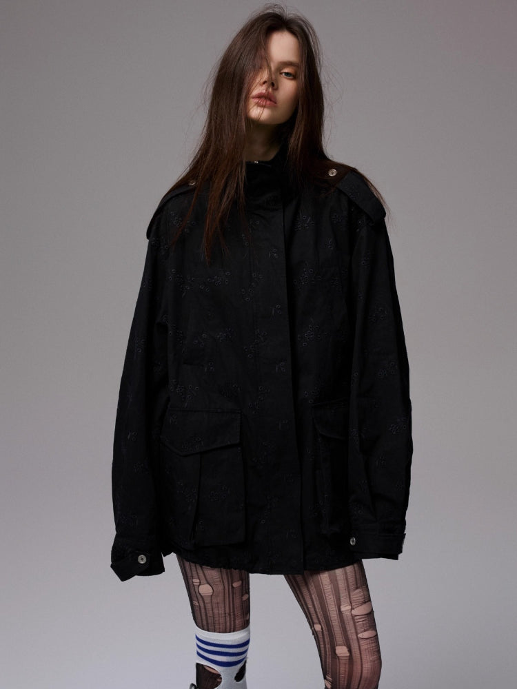 Heavy Embroidery Jacquard Multi-pocket Stand Collar Utility Jacket