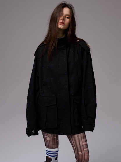 Heavy Embroidery Jacquard Multi-pocket Stand Collar Utility Jacket