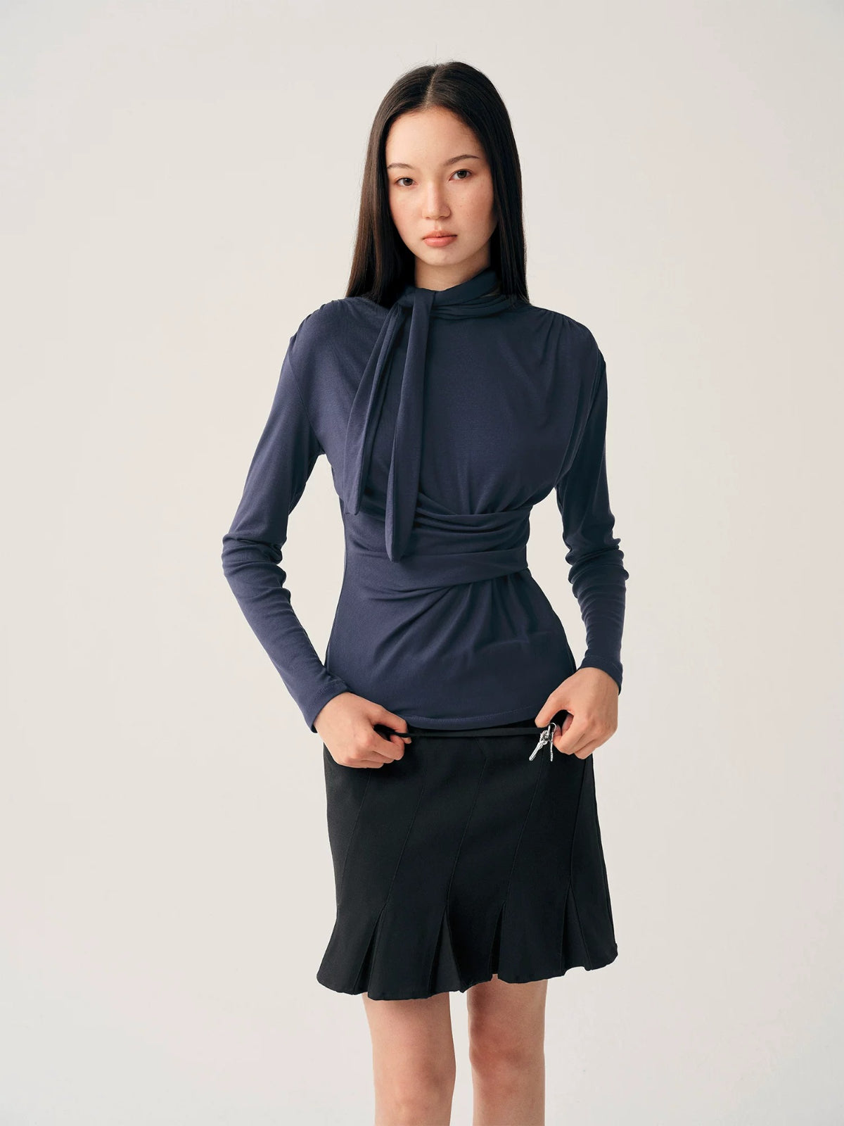 Navy Lace Up Waist Top