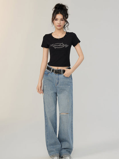 Rivet-Rhinestone Regular Shoulder T-shirt