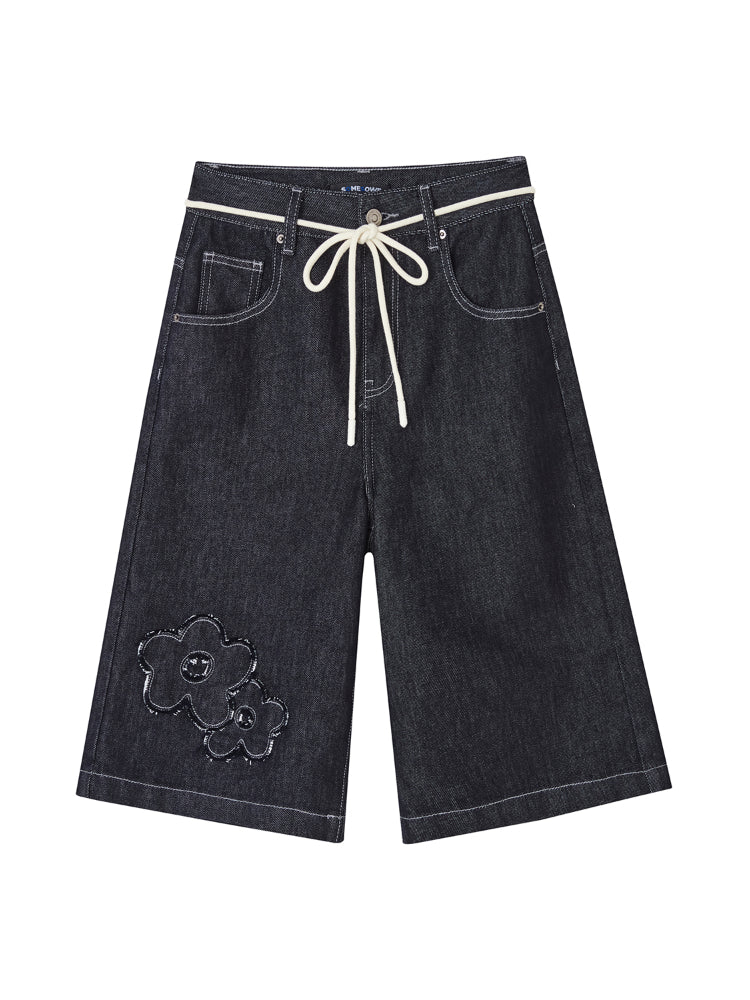 Original Color Raw-edge Floral Denim Shorts