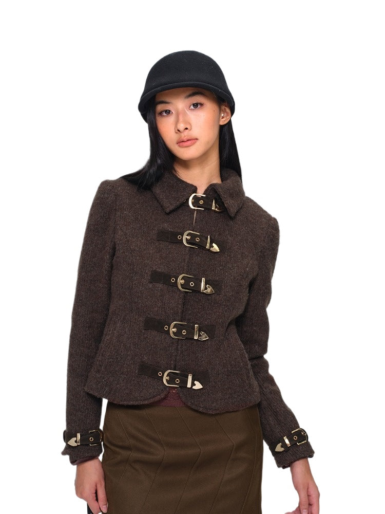 Metal-Button Wool-Blend Structured Short Jacket