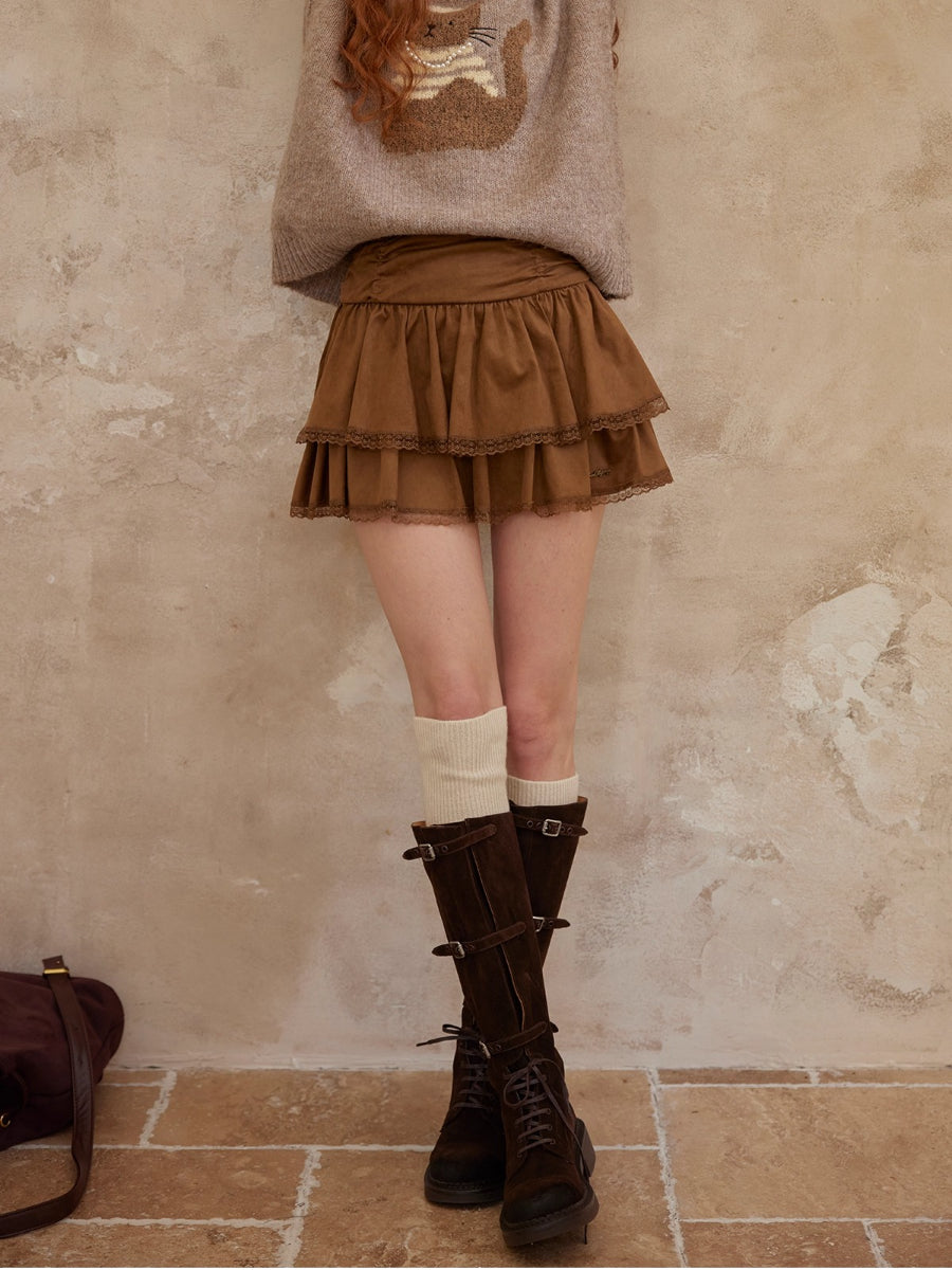 Suede Drawstring Lace Ruffle Mini Skirt