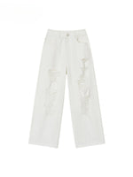 White Rhinestones Ripped Jeans