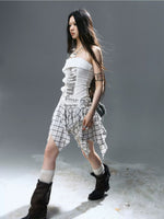 Graffiti Ruched Plaid Bustier Dress