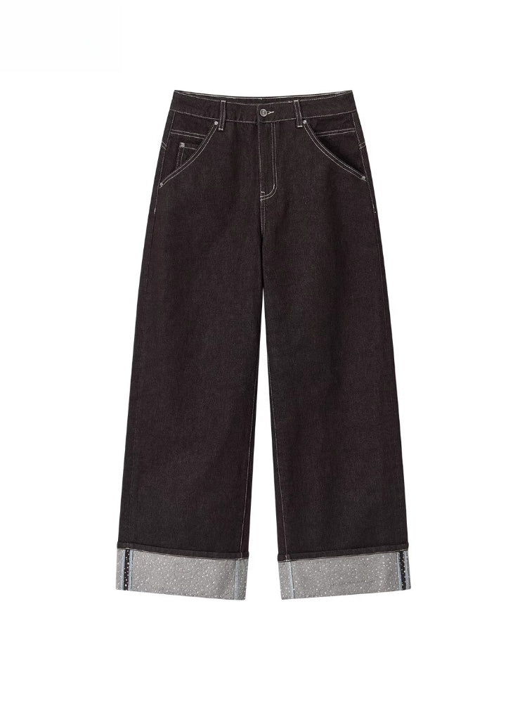 Rhinestone Cuffed Wide-Leg Denim Jeans