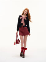 Plaid Bow-Tie Round Neck Knitted Cardigan