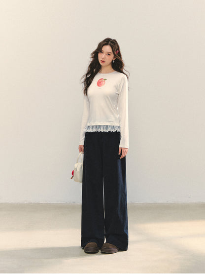 Fruit Print Lace-spliced T-Shirt