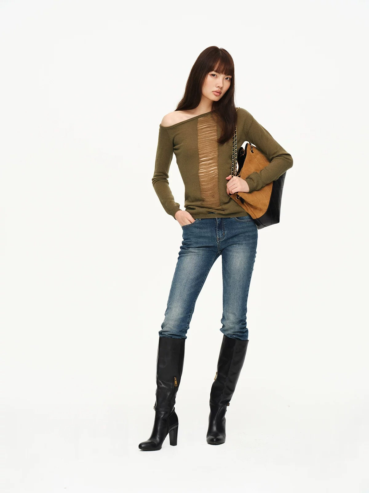 Two-Tone Openwork Merino Wool Sweater