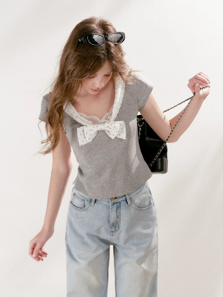 Polka Bow U-Neck Tee
