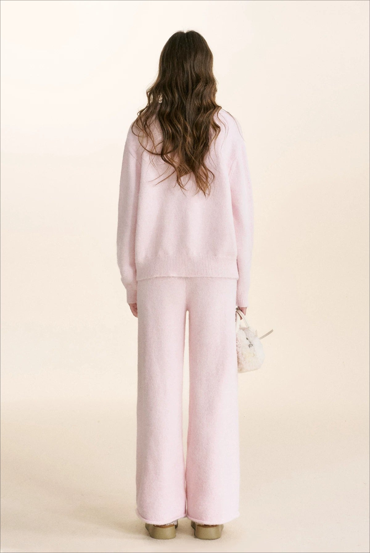 Pink Knit Turn-Down Collar Cardigan Set