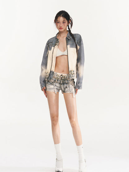 Washed Blue Printed Denim Shorts