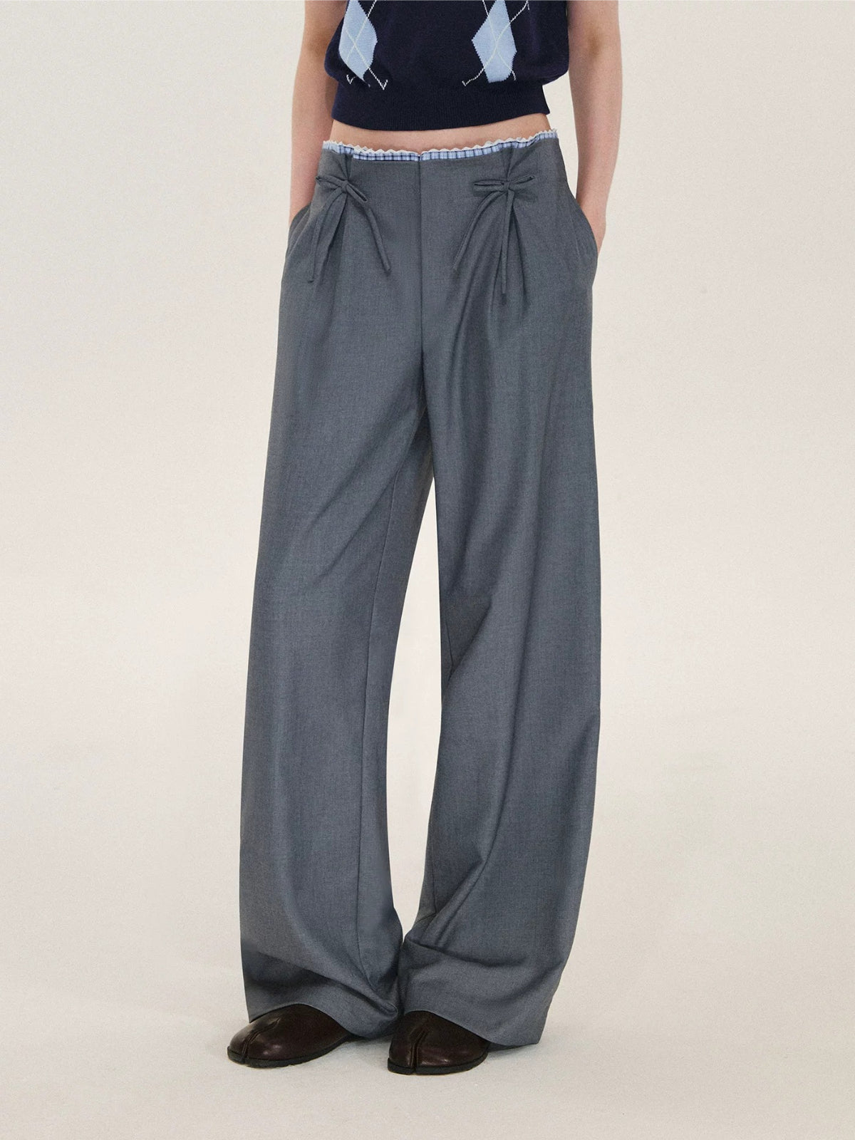 Plaid Trim Bow Detail Trousers