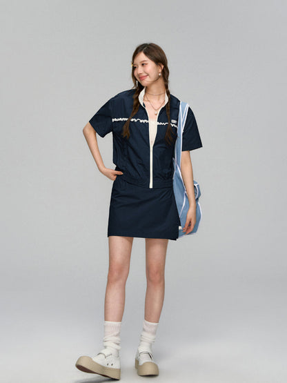 Color Blocking Lace Trimmed Short-Sleeve Outerwear &amp; Skirt Set