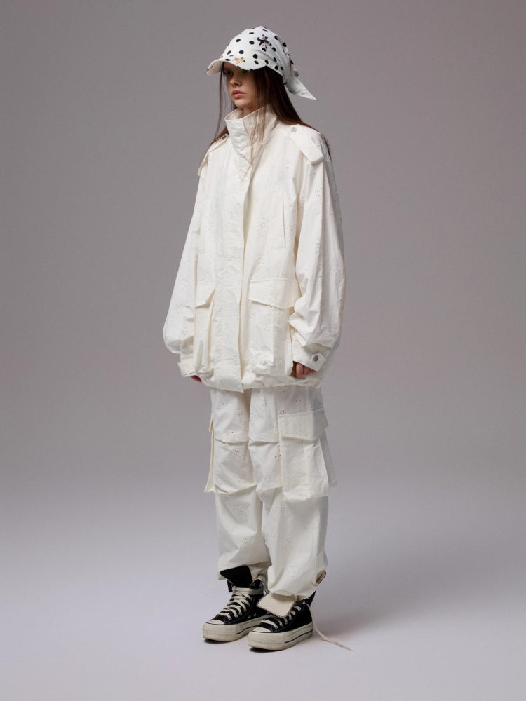 Heavy Embroidery Jacquard Multi-pocket Stand Collar Utility Jacket