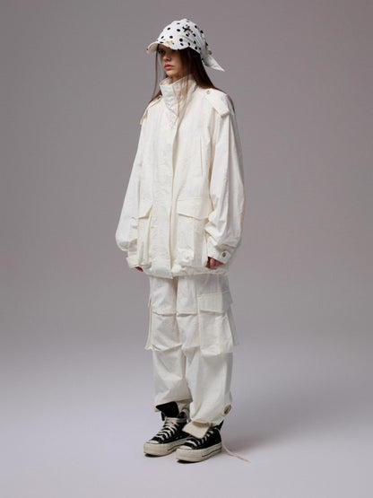 Heavy Embroidery Jacquard Multi-pocket Stand Collar Utility Jacket