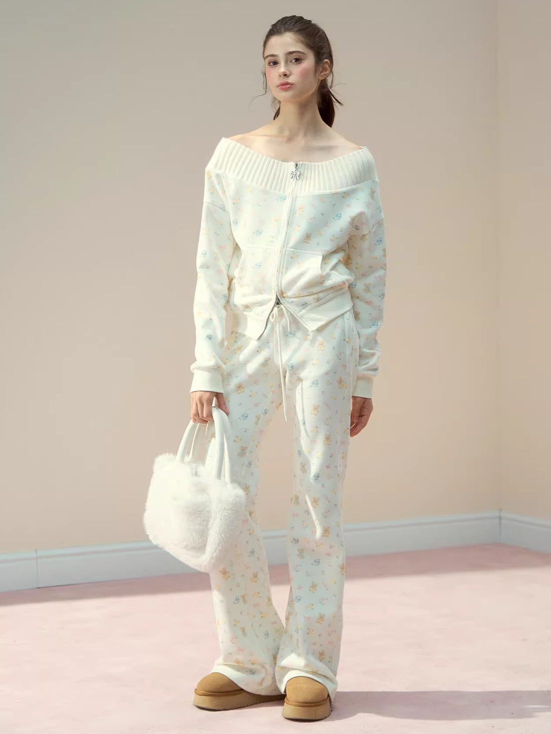 Floral Bear Bunny Off-Shoulder Sweatshirt & Pants Set