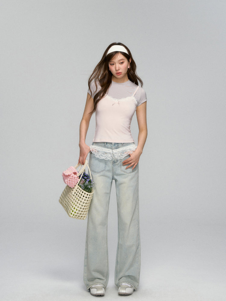 Fake Two Piece Lace Bow Short-Sleeve T-shirt