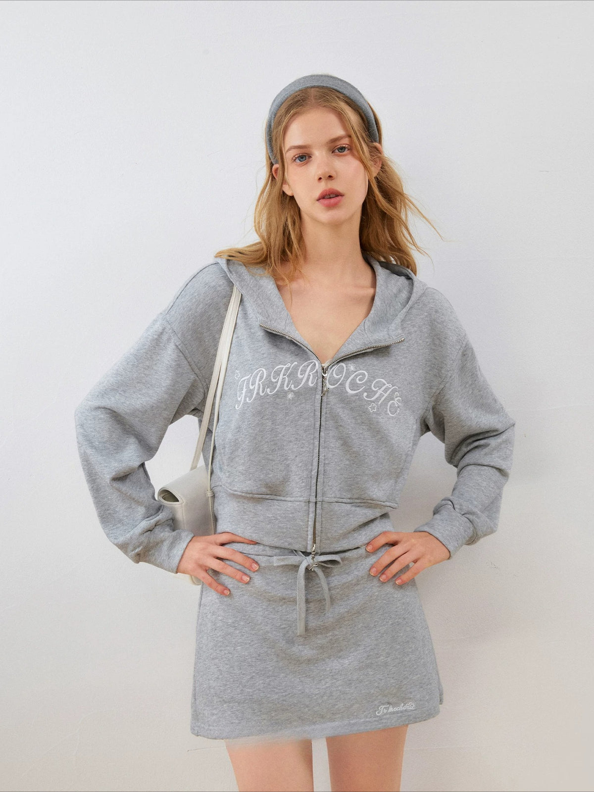 Contrast Embroidered Zip Hoodie &amp; Skirt Set