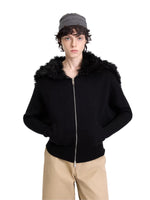 Hooded Fur Collar Knit Cardigan