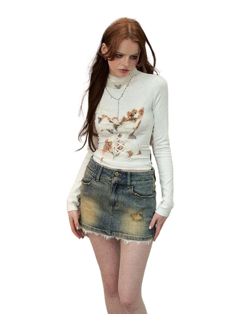 Off-white &amp; Black Lace Splice Mock Neck T-shirt