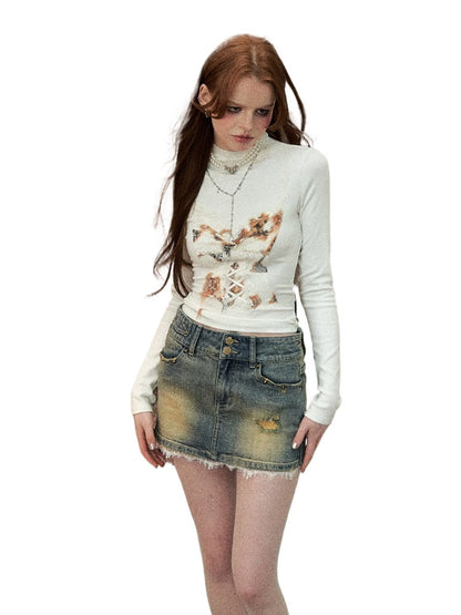 Off-white &amp; Black Lace Splice Mock Neck T-shirt