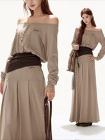 Khaki Off Shoulder Draped Top & Skirt Set