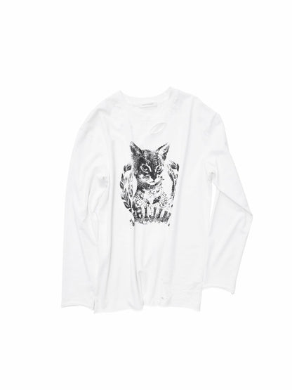 Distressed Cat Graphic Long Sleeve Cotton T-shirt