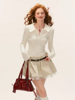 Crochet V-Neck Puff Sleeve Knit