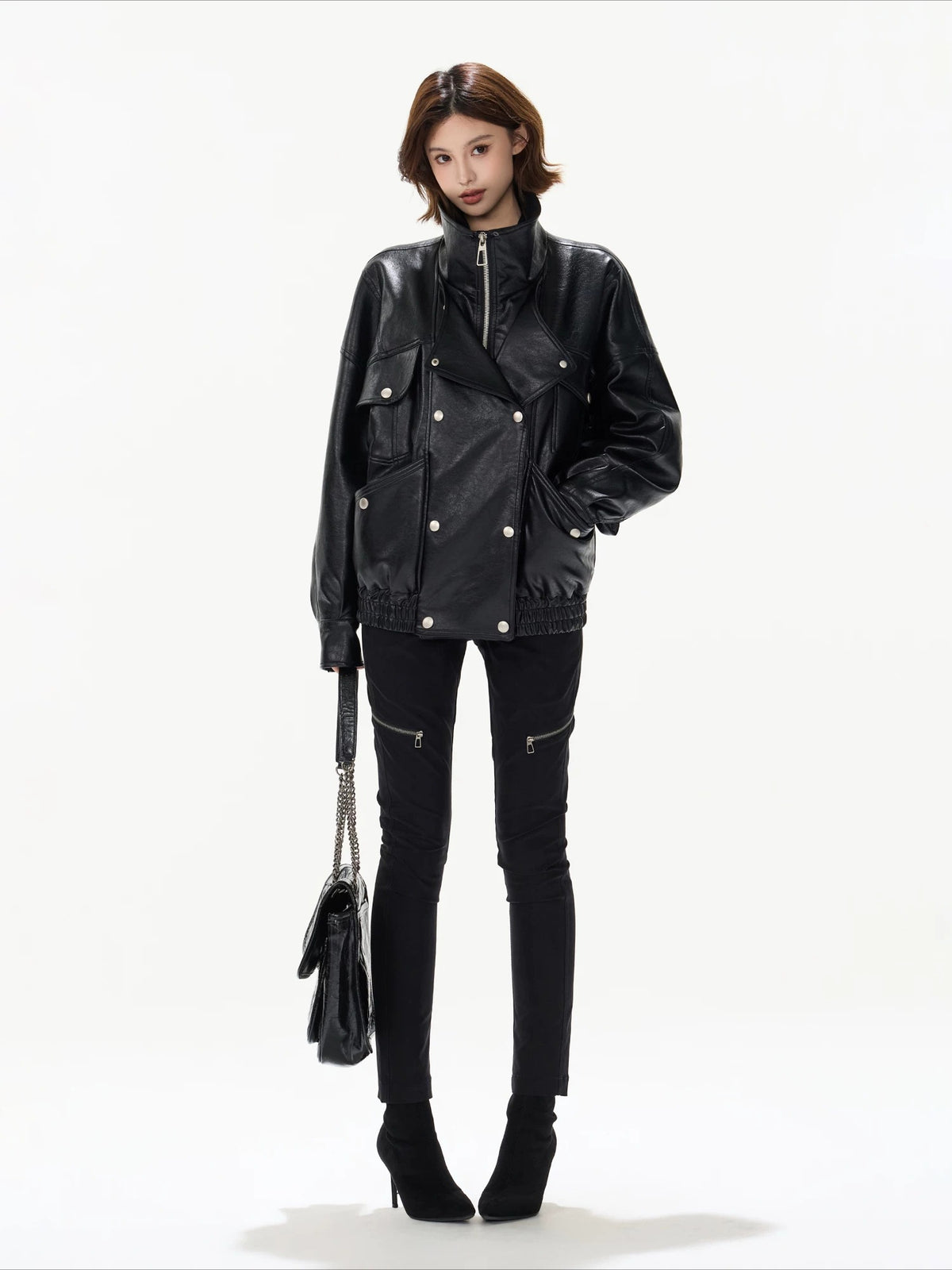 Oversized Double-Breasted PU Leather Jacket